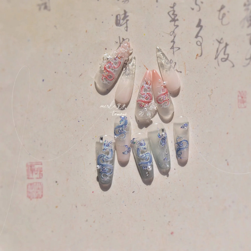 Chinese Dragon Auspicious Beast Mythological Legend Noble Loong Blue Pink Soft Relief Adhesive Nail Art Sticker Manicure Decals (ONLINE ORDER ONLY)