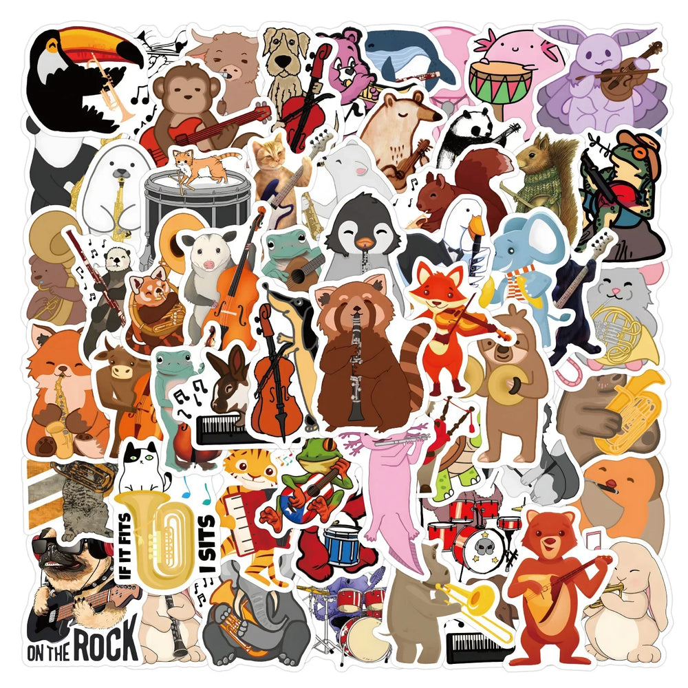 50/100pcs Cute Cartoon Animal Music Band Sticker for DIY Phone Skateboard Guitar Scrapbooking Supplies Stickers Pack Kids Toy (Online Order Only)