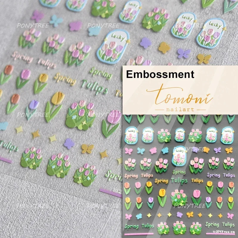 Hot Stamping Jelly All Tulips Garden Flower Bowknot Wave Lace Line Golden and Radiant Adhesive Nail Art Stickers Manicure Decals (ONLINE ORDER ONLY)