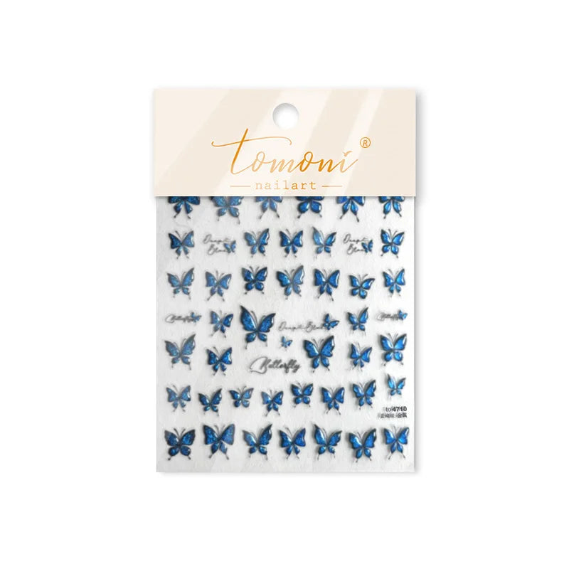 Charming Delicate Sapphire Color Blue Black Stroke Butterfly Jelly Relief Rhinestone Adhesive Nail Art Stickers Manicure Decals (Online Order Only)