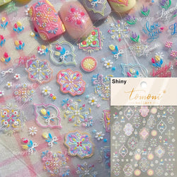 Pink Blue Yellow Embroidery Totems Geometric Floral Pattern Flower 5D Embossed Nail Art Stickers Bohemian Style Manicure Decals (ONLINE ORDER ONLY)