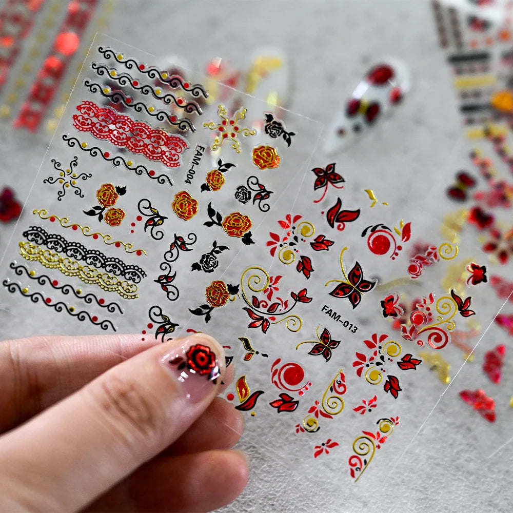 30Pcs/Set Red Golden 3D Nail Art Sticker Hot Stamping Hollow Decals Mixed Designs Adhesive Flower Nail Tips Letter Butterfly Set (Online Order Only)