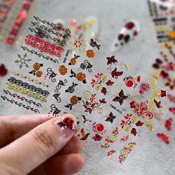 30Pcs/Set Red Golden 3D Nail Art Sticker Hot Stamping Hollow Decals Mixed Designs Adhesive Flower Nail Tips Letter Butterfly Set (Online Order Only)