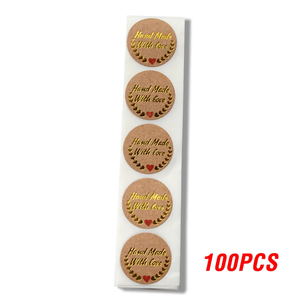 Handmade With Love Kraft Paper Stickers 100-500pcs 1inch Adhesive Labels Baking Wedding Decoration Party Decoration Sticker (Online Order Only)