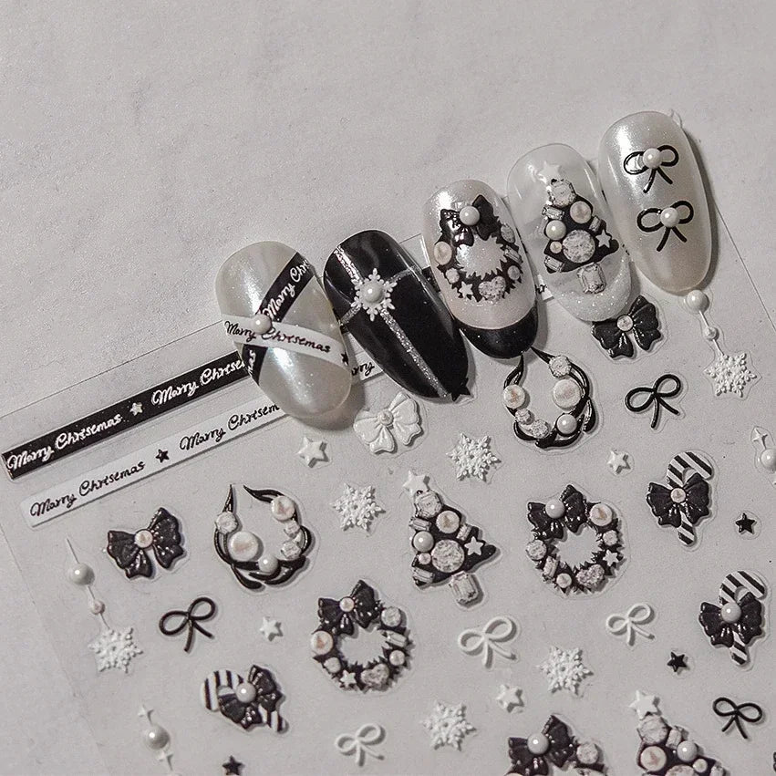 Black White Christmas Tree Snowflake Bowknot Snowman Socks Star Santa Hat Deer Rhinestone Winter Nail Art Sticker Manicure Decal (Online Order Only)