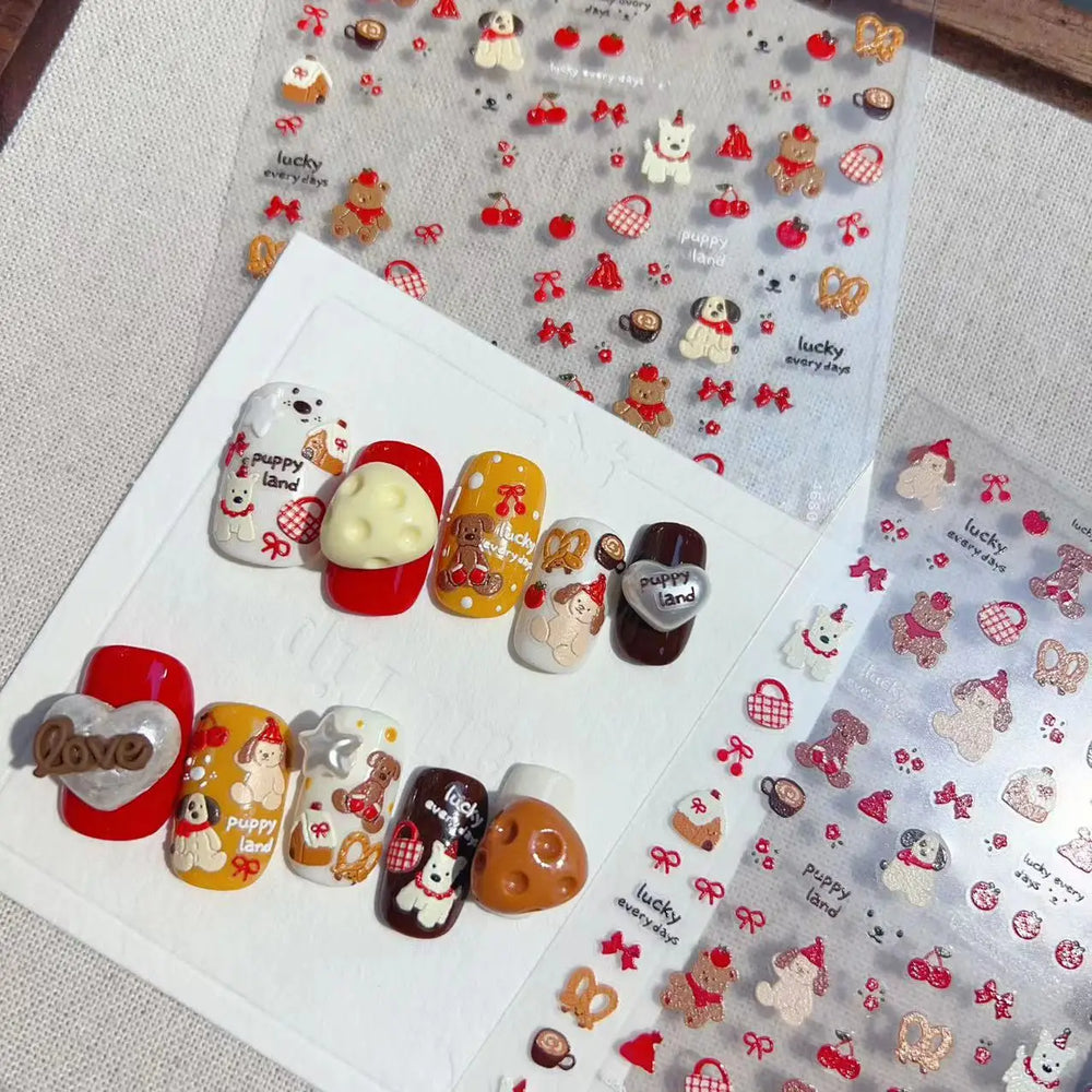 Cute Bowknot Dog Puppy Bear Strawberry Cake Fruit Juice Coffee Desserts Corgi Cherry Adhesive Nail Art Stickers Manicure Decals (ONLINE ORDER ONLY)