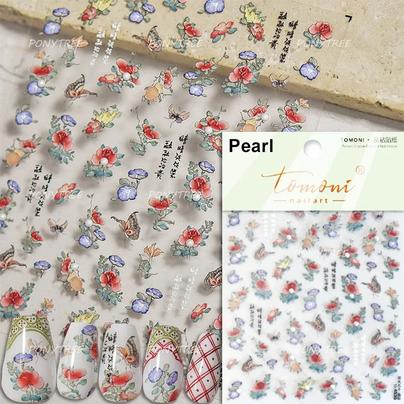 Chic Romantic Red White Flower Hot Stamping 5D Self Adhesive Nail Art Stickers Shiny Dreamy Camellia Rhinestone Manicure Decals (ONLINE ORDER ONLY)