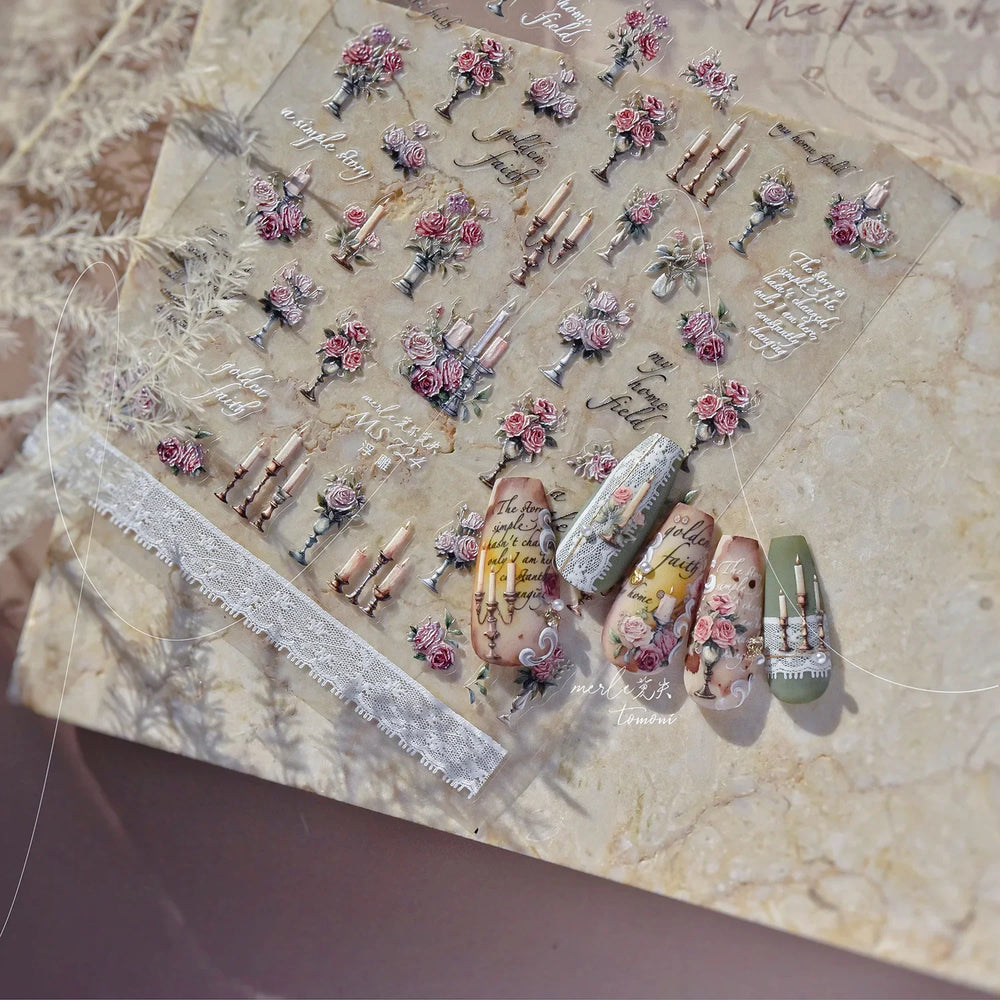 Romantic Candle Holder Lace Rambler Rose Pink Flower Bowknot Candlestick Ribbon Adhesive Nail Art Stickers Shiny Manicure Decals (ONLINE ORDER ONLY)