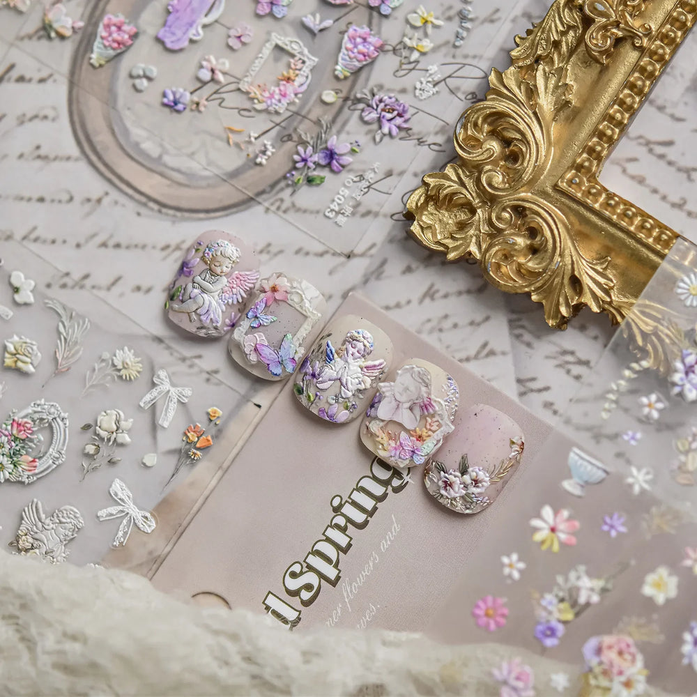 Angel Bowknot Stone Statue Vintage Photo Frame Flower Bed Bouquet Garden Rose Crown Adhesive Nail Art Stickers Manicure Decals (ONLINE ORDER ONLY)
