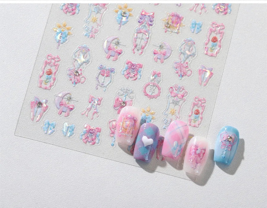 Pink Bowknot Star Moon Starburst Sun Polar Day Polar Night Sword Rose Flower Wreath Adhesive Nail Art Stickers Manicure Decals (ONLINE ORDER ONLY)
