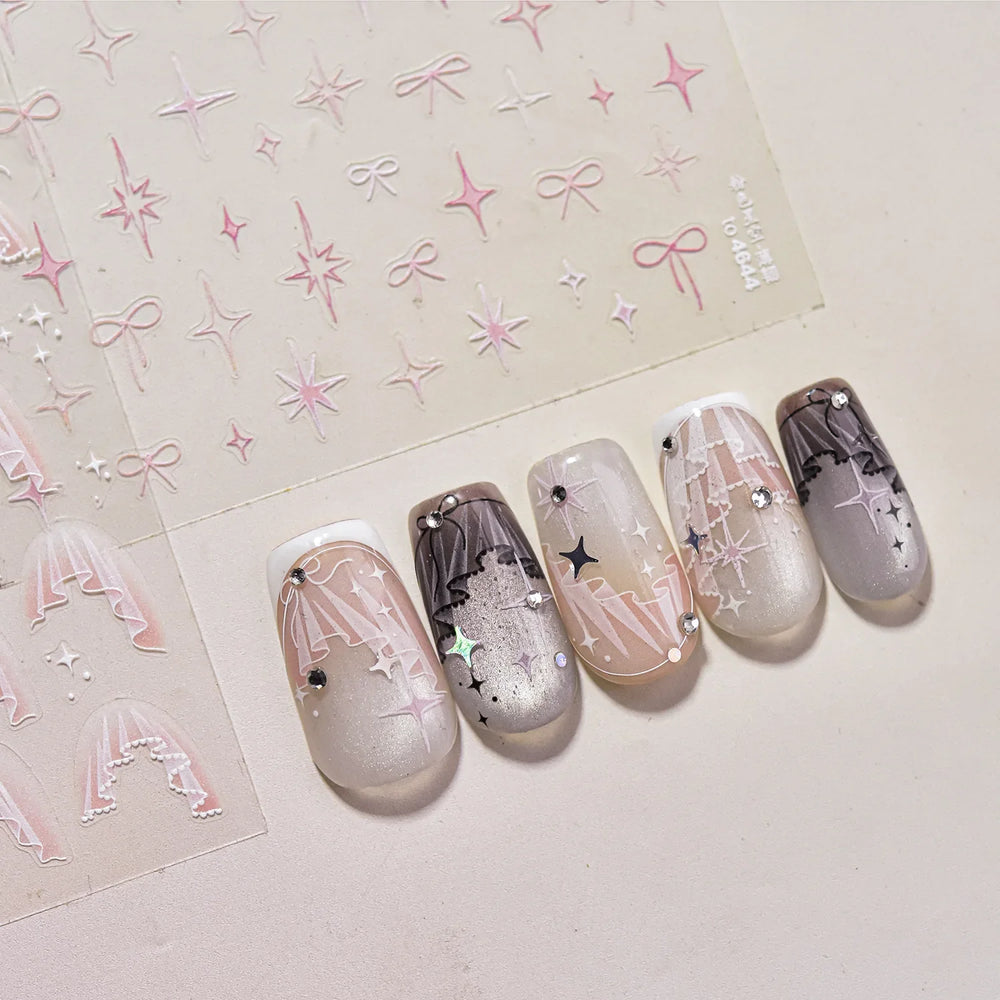 Pink Blue Bowknot Star Lace Round Dot Starburst Spot Leopard Print 3D Self Adhesive Nail Art Decorations Sticker Manicure Decals (ONLINE ORDER ONLY)