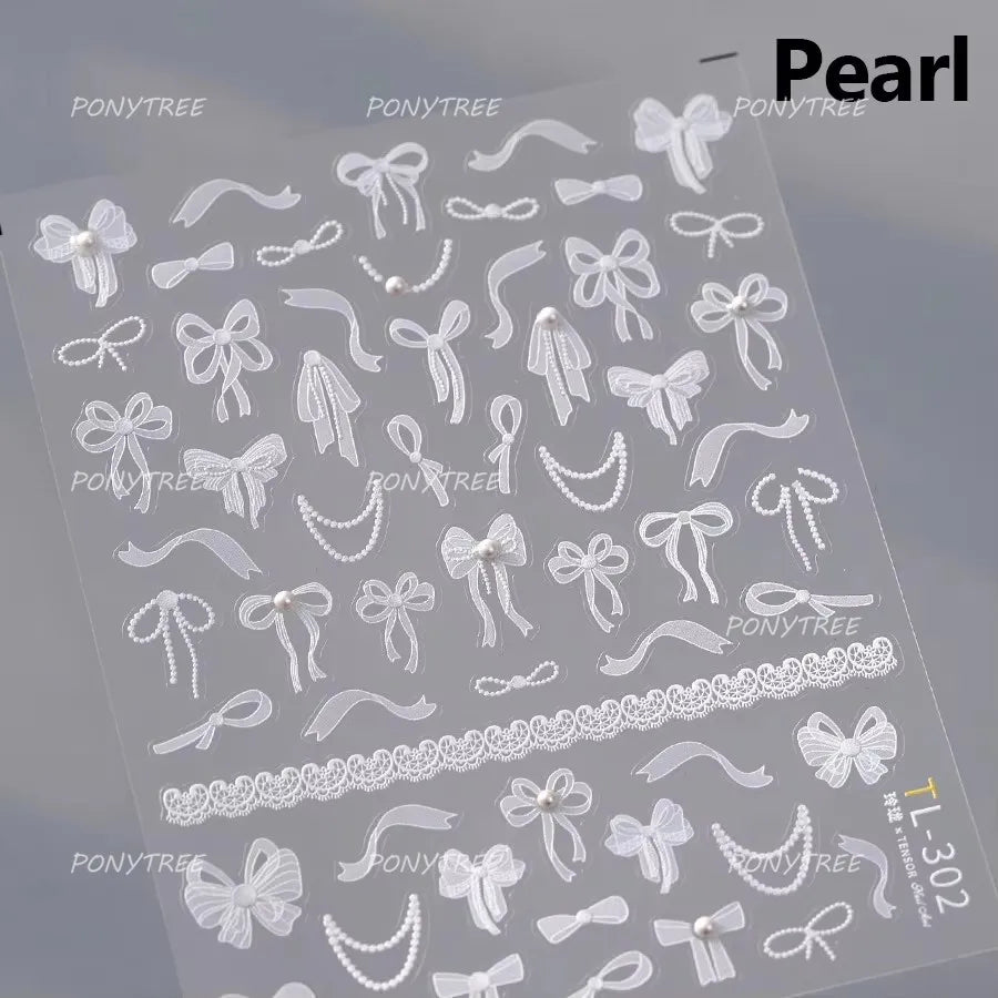 White Black Pink Bowknot Lace Star Pearl Tassel Pendant Shiny 5D Embossed Relief Self Adhesive Nail Art Stickers Manicure Decals (ONLINE ORDER ONLY)