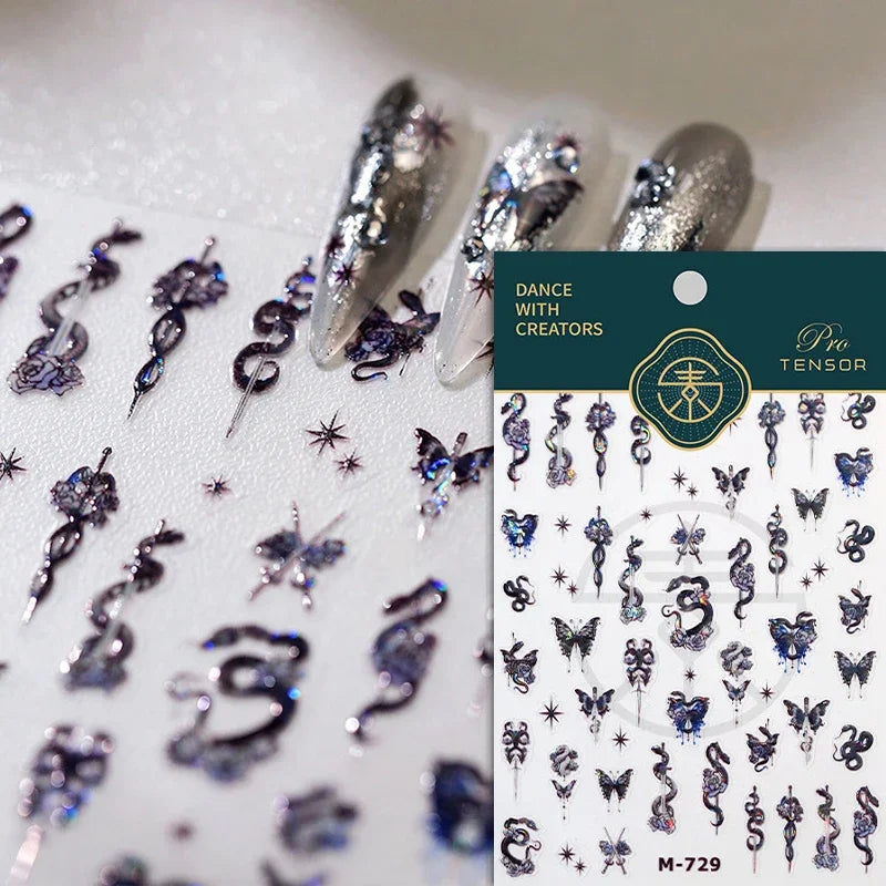 Dark Sword Coiled Snake Cross Butterfly Wing Starburst Starlight Gothic Reptile Animals Nail Art Sticker Festival Manicure Decal (ONLINE ORDER ONLY)