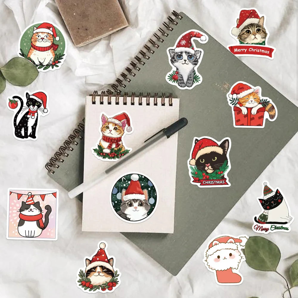 50pcs Cute Christmas Cat Graffiti Stickers Aesthetic DIY Luggage Bike Phone New Year Gift Decoration Sticker Toy (ONLINE ORDER ONLY)