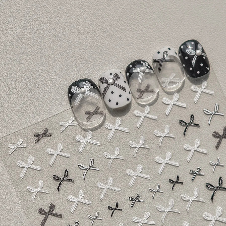 Chic Shiny Lace Pink Black White Bowknot Pearl Rhinestones Charming 3D Self Adhesive Nail Art Decoration Sticker Manicure Decals (Online Order Only)