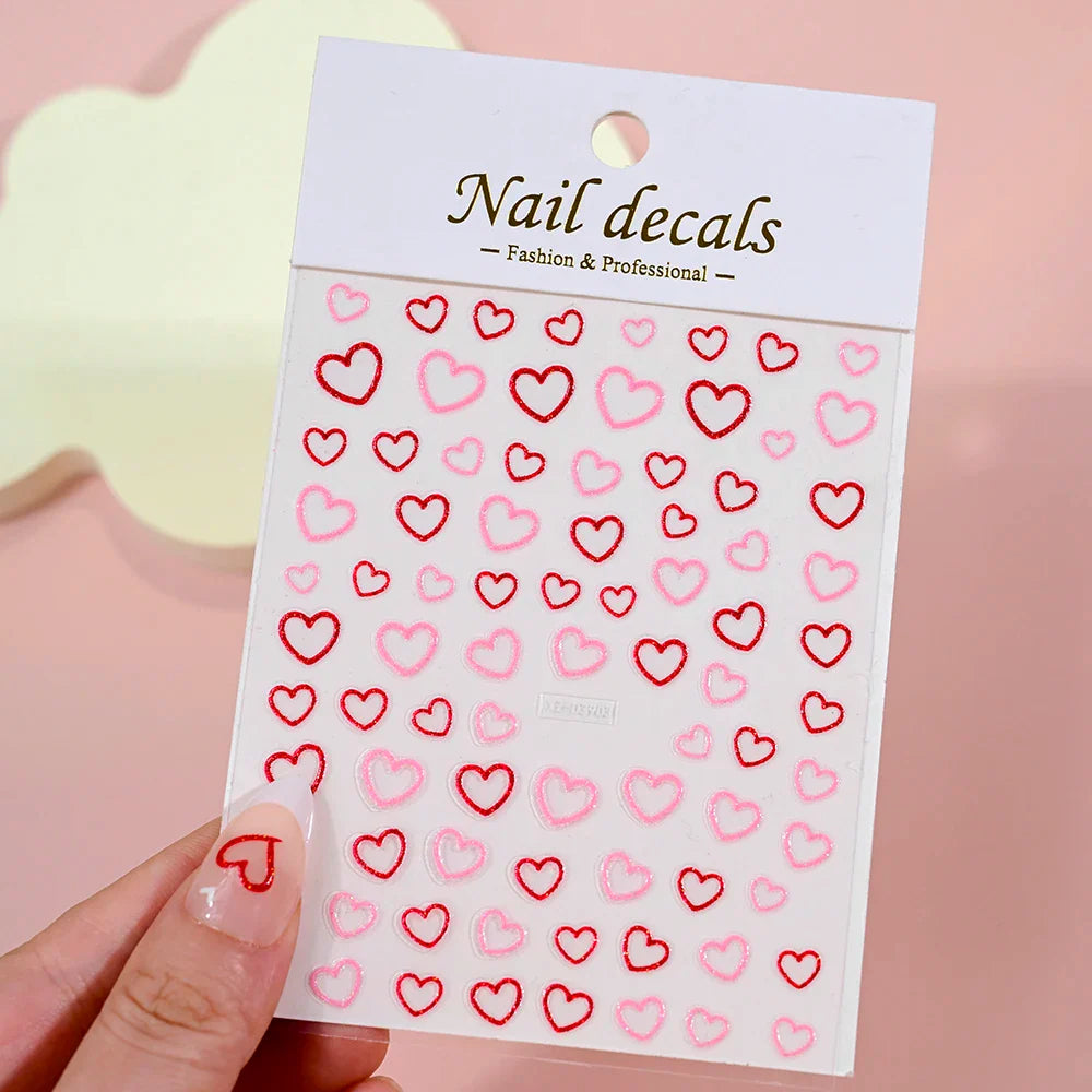 1Pc Red Pink White Heart Bow Nail Art Stickers with Glitter Sequins 5D Self Adhesive Nail Decorations Slider Decals DIY Manicure (ONLINE ORDER ONLY)