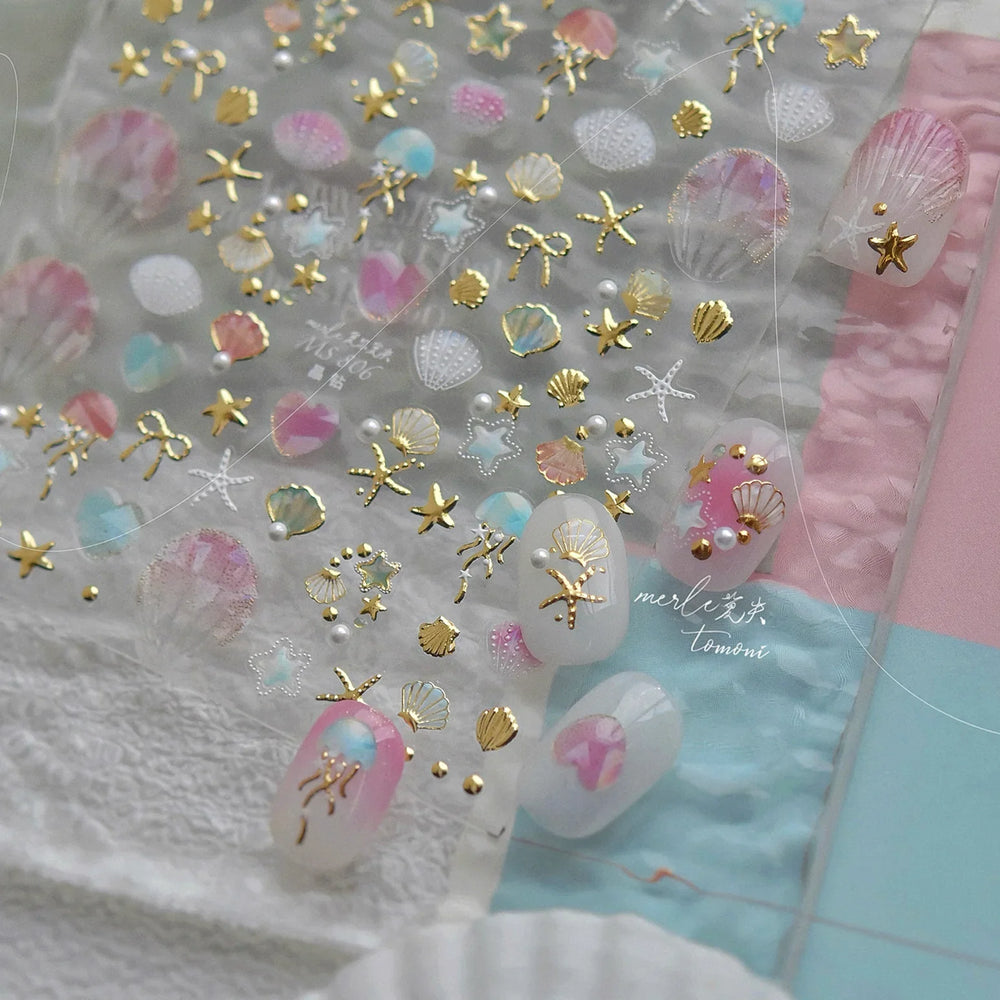 Halo Dyeing Ocean Shell Conch Starfish Pearl Love Heart Bowknot Jellyfish Adhesive Nail Art Stickers Manicure Decals Wholesale (ONLINE ORDER ONLY)