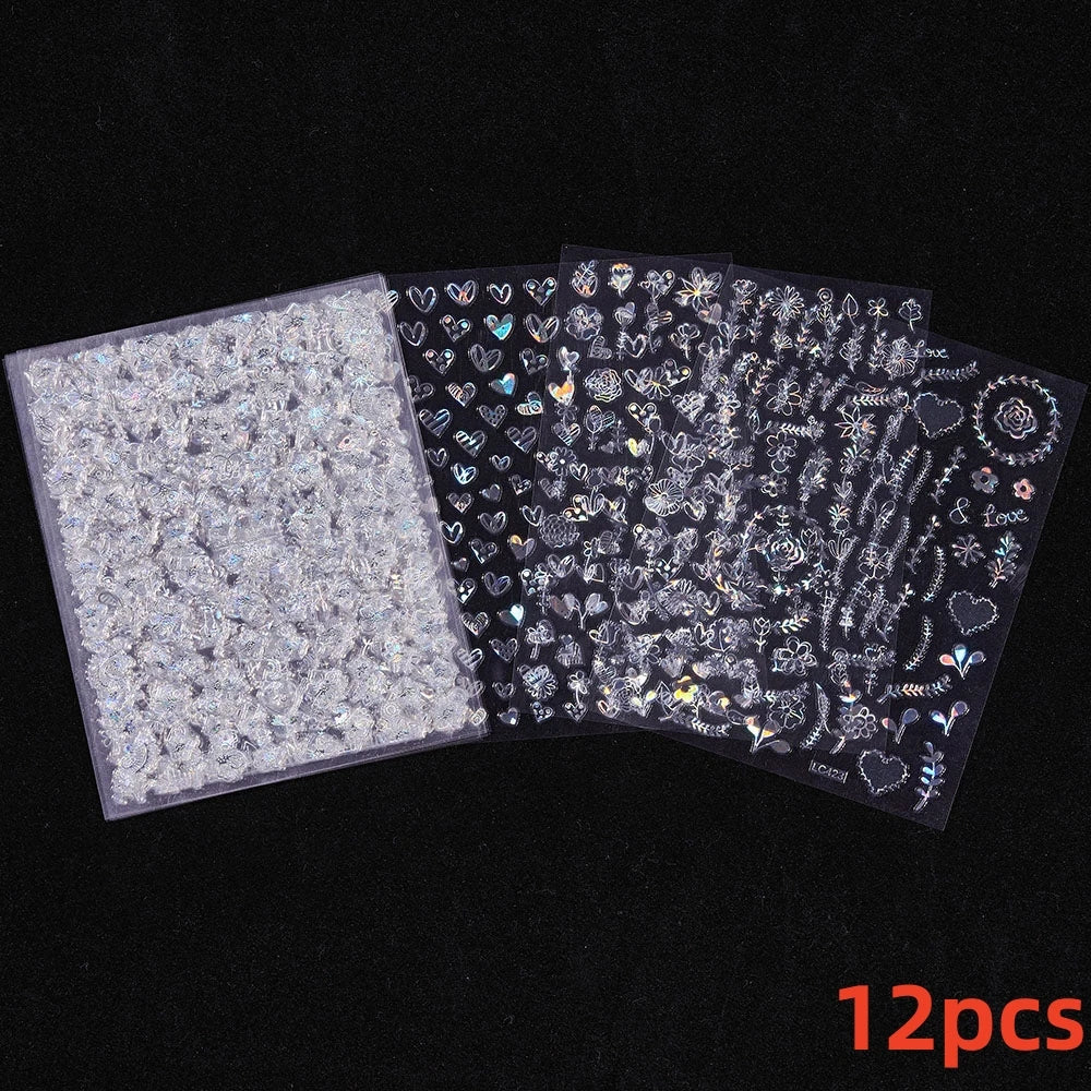 12Pcs 3D Golden Red Glitter Heart Love Nail Sticker Valentine Self Adhesive Cartoon Decal Geometry Lines Stripe Slider Manicure* (ONLINE ORDER ONLY)