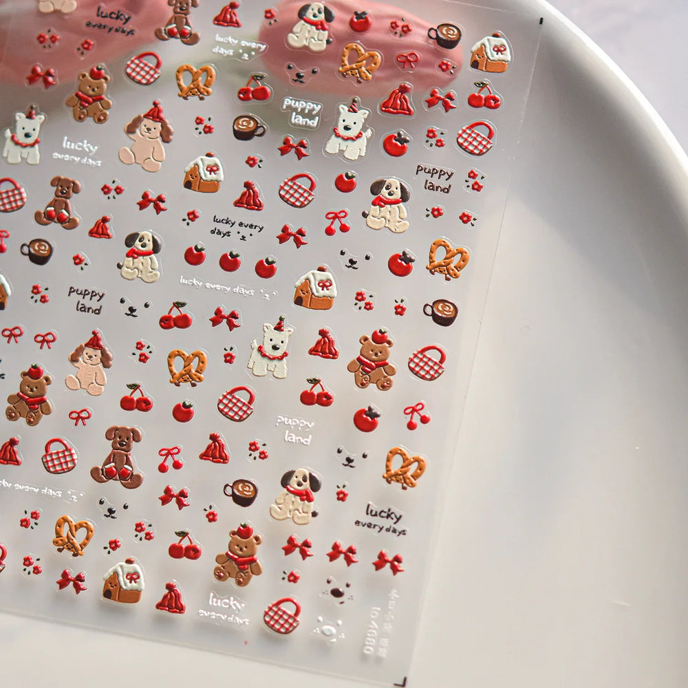 Cute Bowknot Dog Puppy Bear Strawberry Cake Fruit Juice Coffee Desserts Corgi Cherry Adhesive Nail Art Stickers Manicure Decals (ONLINE ORDER ONLY)