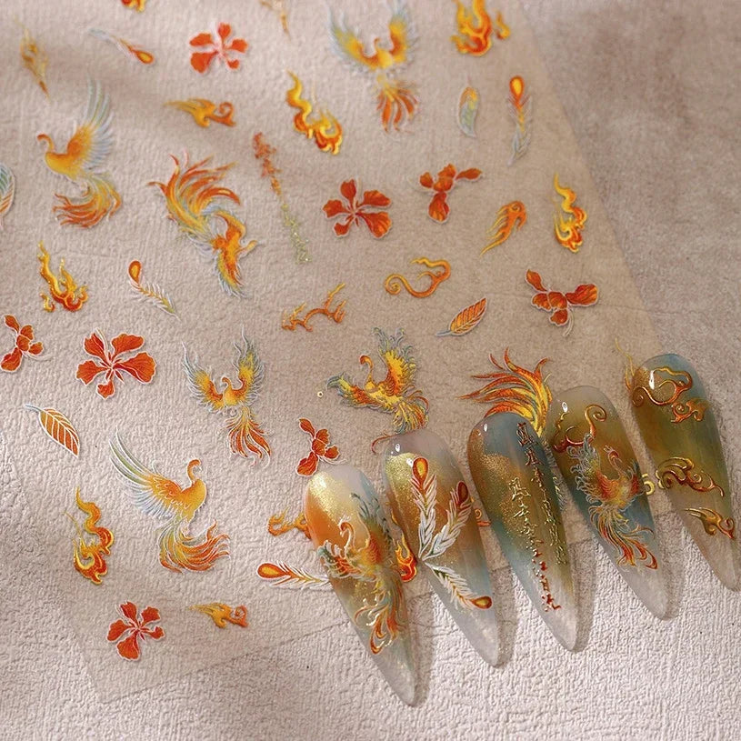 Charming Red Rose Phoenix Flower Wing Leaves Flower Feather Pearl Relief Embossed 5D Adhesive Nail Art Stickers Manicure Decals (ONLINE ORDER ONLY)