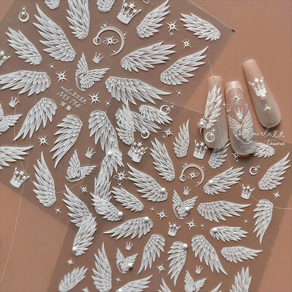 Charming White Shiny Pearl Rhinestone Wings Feathers Crown Moon Stars 3D Self Adhesive Nail Art Sticker Manicure Decal Wholesale (ONLINE ORDER ONLY)