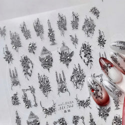 Retro Candlestick Holder Rose Rambler Birdcage Photo Frame Lace Self Adhesive Nail Art Sticker Charm Rhinestone Manicure Decal (Online Order Only)