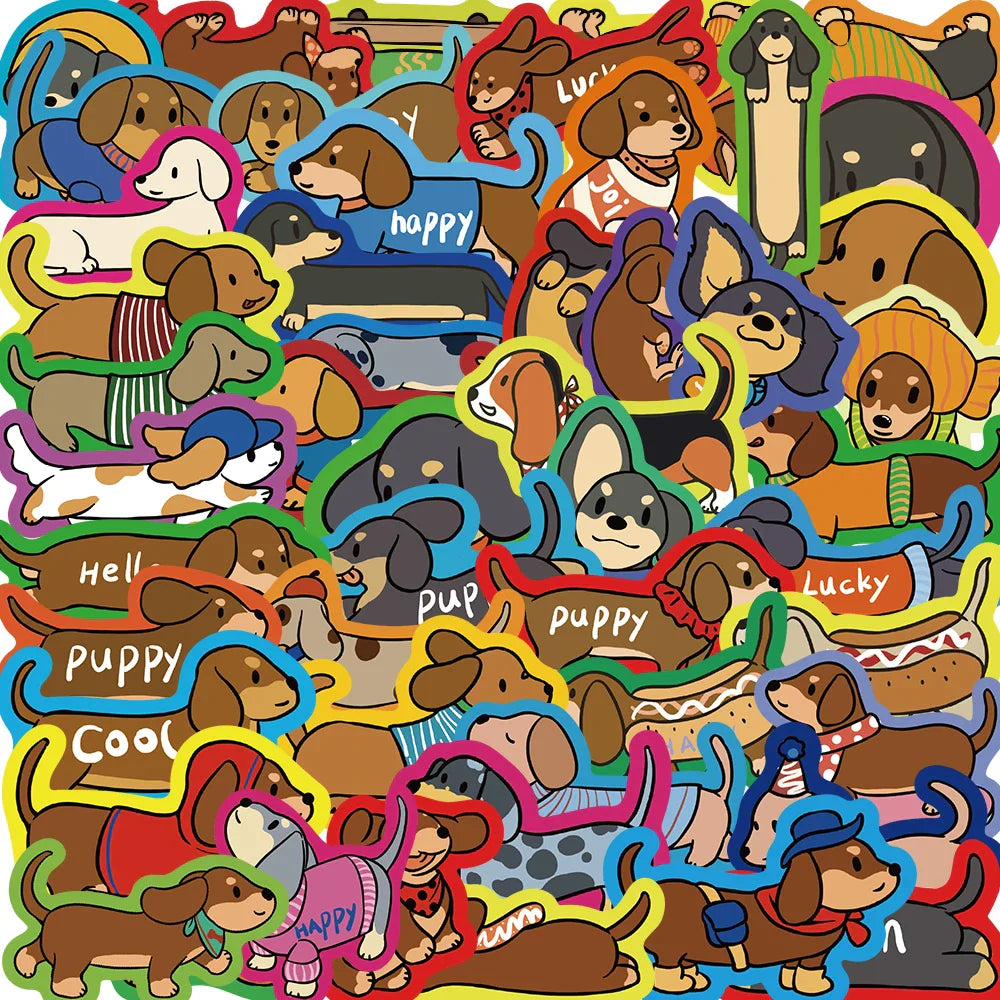 50Pcs Cartoon Dachshund Graffiti Stickers for DIY Desk Guitar Computer Refrigerator Creative Sausage Dog Waterproof Sticker﻿ (ONLINE ORDER ONLY)