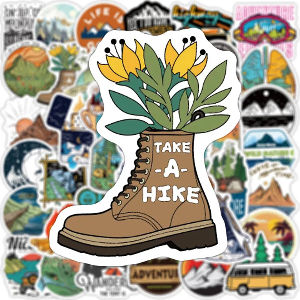 10/30/50PCS Forest Hiking Camping Stickers Outdoor Explore Mountain Climbing DIY Travel Suitcase Laptop Helmet Bike Sticker Toys (ONLINE ORDER ONLY)