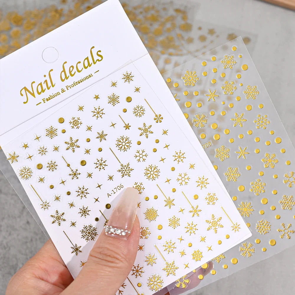 3D Gold Glitter Snowflake Nail Sticker Winter Reflective Elk Star Balloon Christmas Tree Foil Xmas New Year Decal Tips Decoratio (ONLINE ORDER ONLY)
