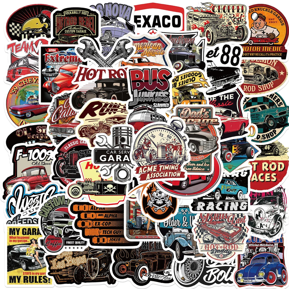 50PCS Cartoon Retro Classic Car Sticker Graffiti Waterproof Creative Trendy For Skateboard Water Cup Personalized Decal Stickers (Online Order Only)