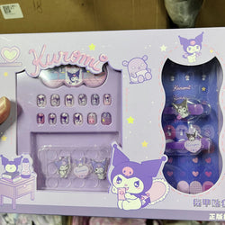 1Set(12Pcs+Jelly Glue+Stickers+Hairpin) Children Acrylic Fake Nails Kuromi Mymelody Cinnamoroll Fake Nails Non-Toxic Kid Gifts * (Online Order Only)