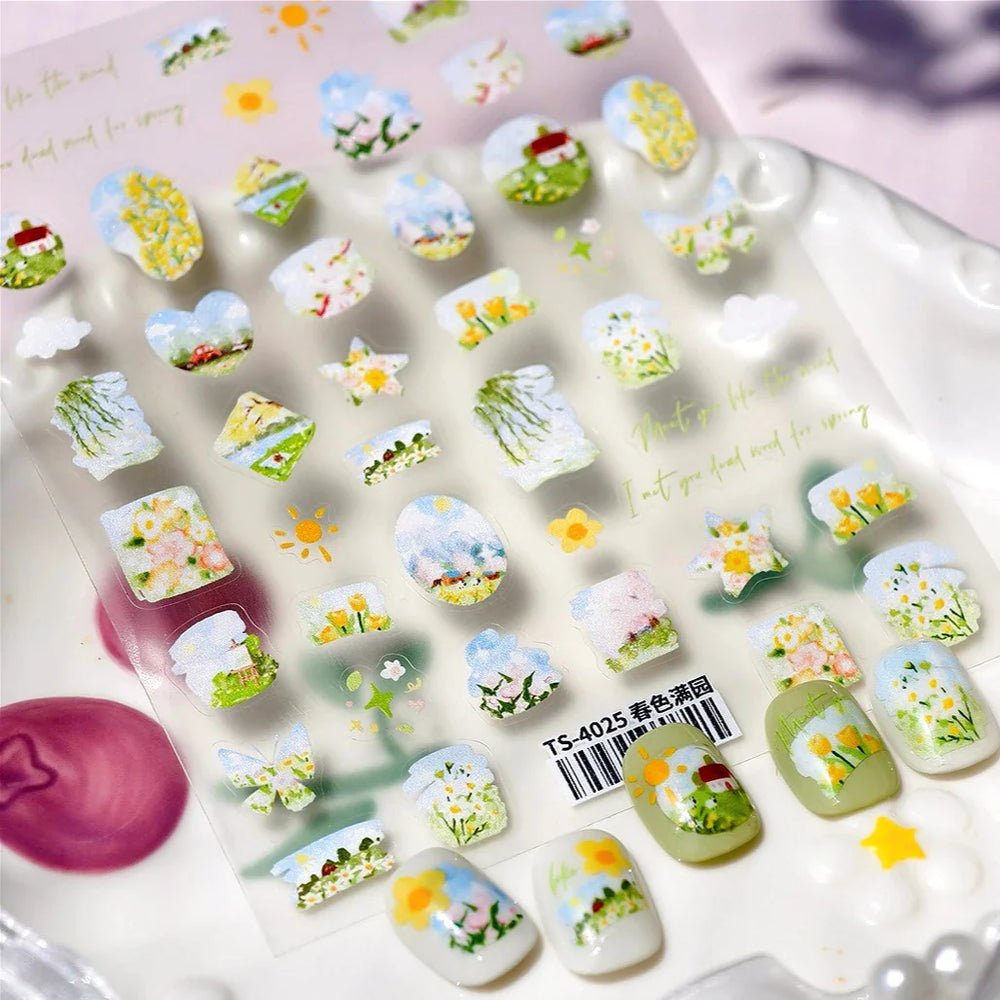 Painting Sketch Tulip Daisy Willows Scenery Daisy Colorful Flowers Sun Star Butterfly Wicker 3D Nail Art Stickers Manicure Decal (ONLINE ORDER ONLY)