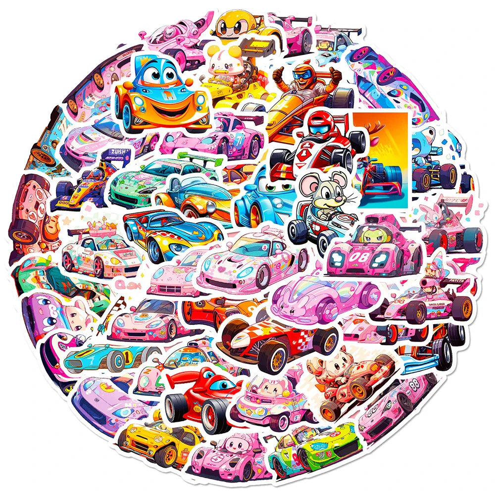 10/30/50PCS Catroon Animal Racing Car Stickers Graffiti PVC Waterproof Notebook Phone Bike Laptop Luggage Kids Toy Funny Decals (ONLINE ORDER ONLY)