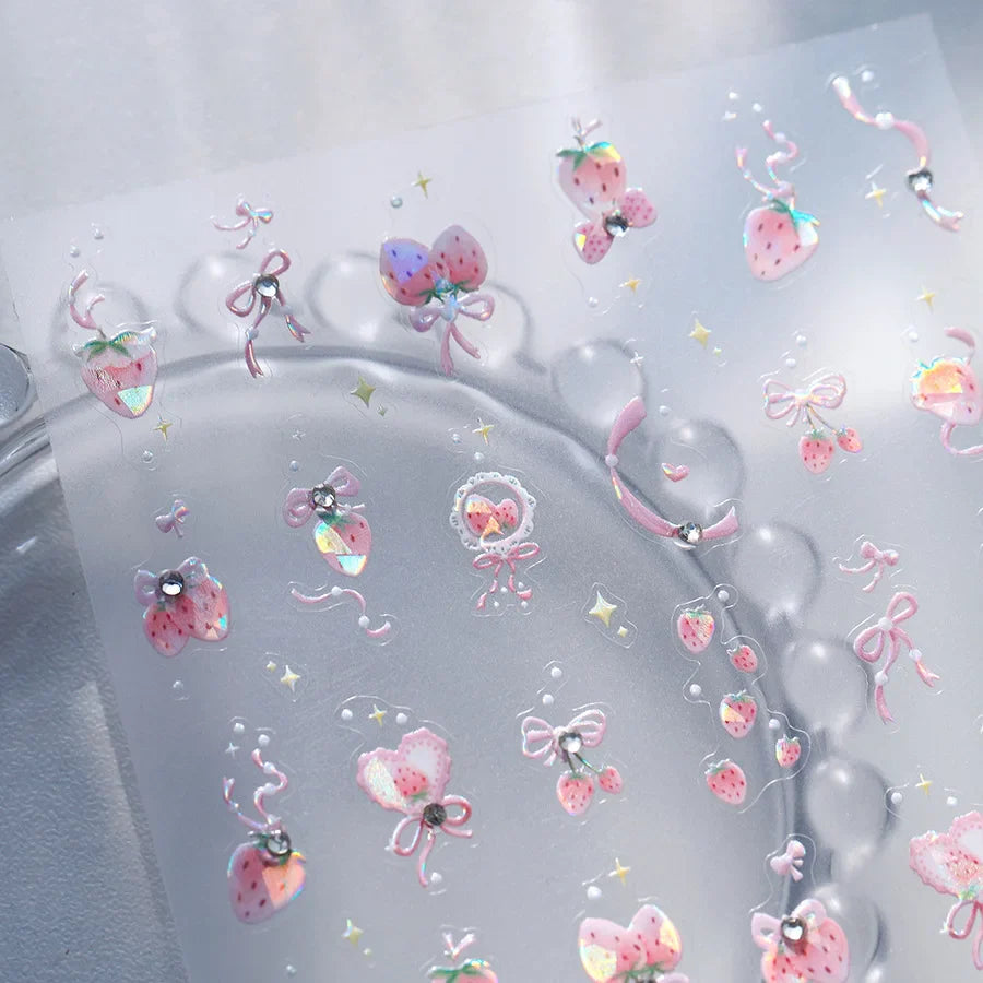 Cute Pink Strawberry Bowknot Star Lesbian Ribbon Fluttering Fruit Rhinestone Relief Adhesive Nail Art Stickers Manicure Decals (ONLINE ORDER ONLY)
