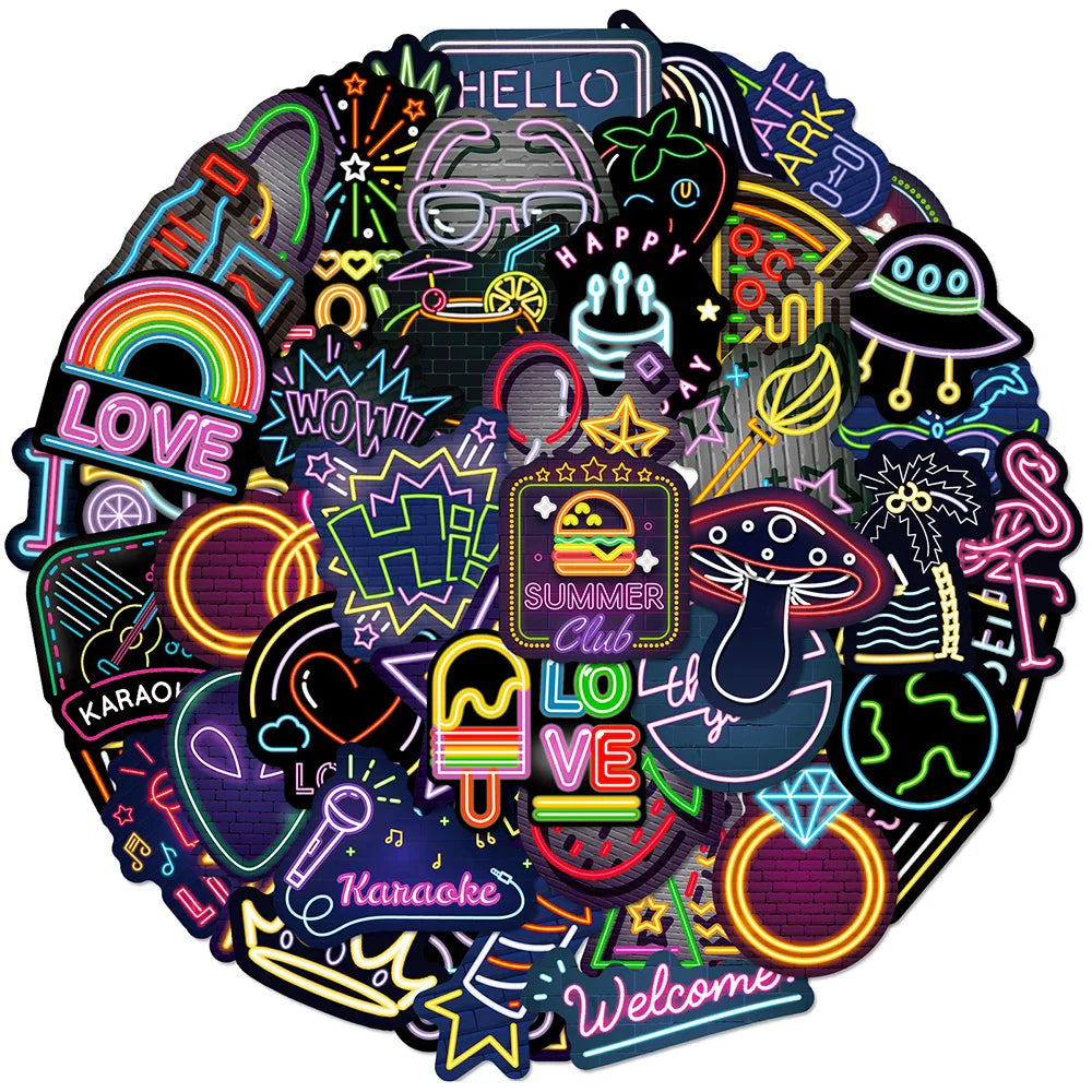 10/30/50/100pcs Neon Light Cartoon Graffiti Stickers Aesthetic DIY Skateboard Laptop Motorcycle Waterproof Cool Sticker for Kids (Online Order Only)