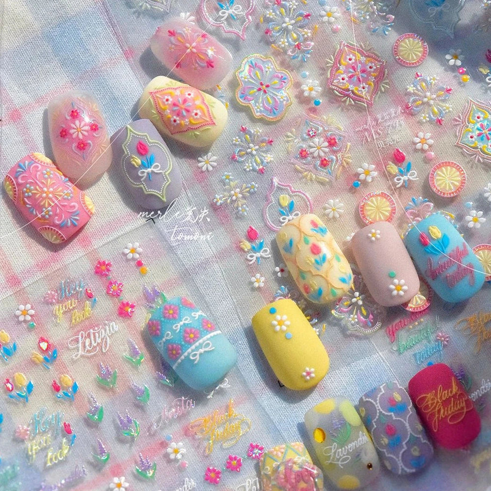 Chic Lavender Tulip Flower Bowknot Totem Center Symmetric Pattern Daisy Line Gird Self Adhesive Nail Art Stickers Manicure Decal (ONLINE ORDER ONLY)