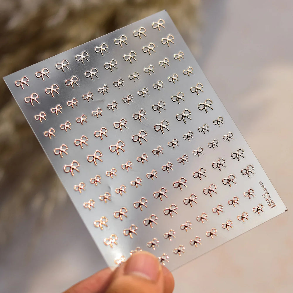 Shiny Pink Silver Gold Bowknot Tie Line Mini Delicate 3D 5D Self Adhesive Nail Art Stickers Embossment Rhinestone Manicure Decal (Online Order Only)