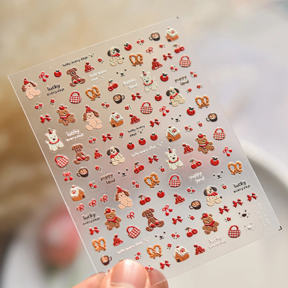 Cute Bowknot Dog Puppy Bear Strawberry Cake Fruit Juice Coffee Desserts Corgi Cherry Adhesive Nail Art Stickers Manicure Decals (ONLINE ORDER ONLY)