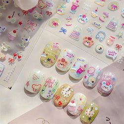 Cute Lucky Bear Apple Core Star Bowknot Flower Delicious Cookies Cherry Cake Dessert Milk Vase Adhesive Nail Art Stickers Decals (ONLINE ORDER ONLY)