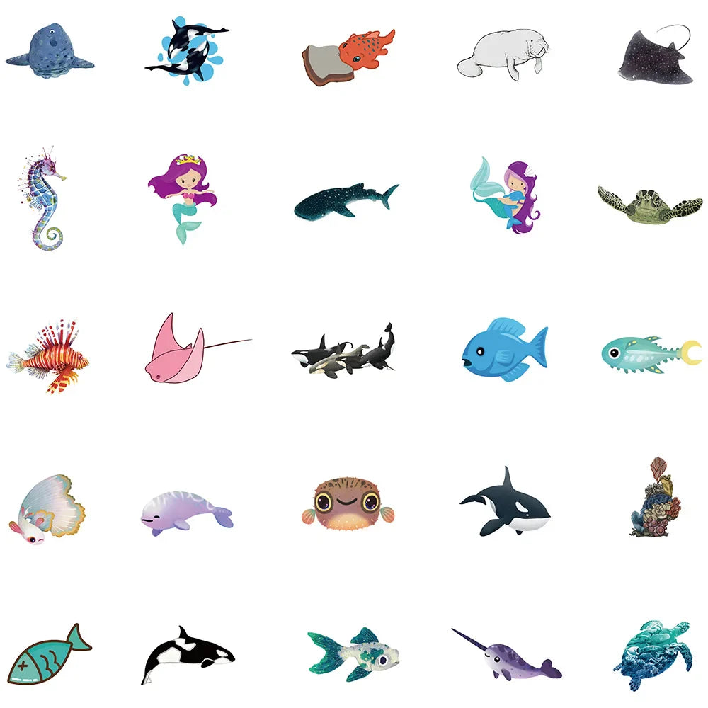 50pcs Cute Cartoon Ocean Series Animals Stickers For Luggage Laptop Guitar Skateboard Decor Waterproof Graffiti Car Decals (ONLINE ORDER ONLY)