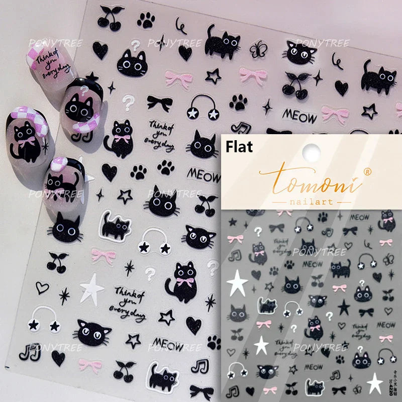 Cartoon Black Kitten Cute Cat Star Moon Bowknot Cat's Paw Flaky Cloud Self Adhesive Nail Art Decoration Stickers Manicure Decals (ONLINE ORDER ONLY)
