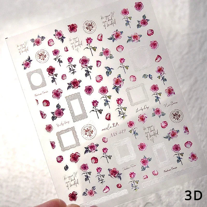 Retro Rose Gold Photo Frame Dried Flower Delicate Totem 3D Self Adhesive Nail Art Stickers 5D Shiny Rhinestone Manicure Decals (ONLINE ORDER ONLY)