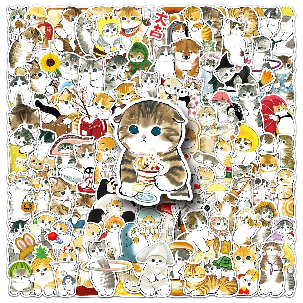 10/30/50/100PCS Cute Cat Stickers Hand Painted Cartoon Animal Decals Kids Toys Laptop Phone Guitar Decoration Graffiti Sticker (ONLINE ORDER ONLY)