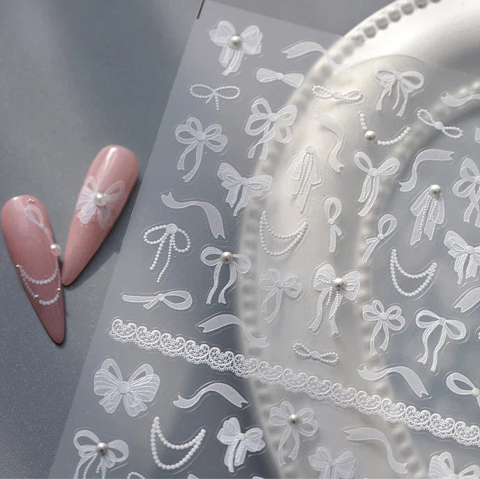 White Black Pink Bowknot Lace Star Pearl Tassel Pendant Shiny 5D Embossed Relief Self Adhesive Nail Art Stickers Manicure Decals (ONLINE ORDER ONLY)