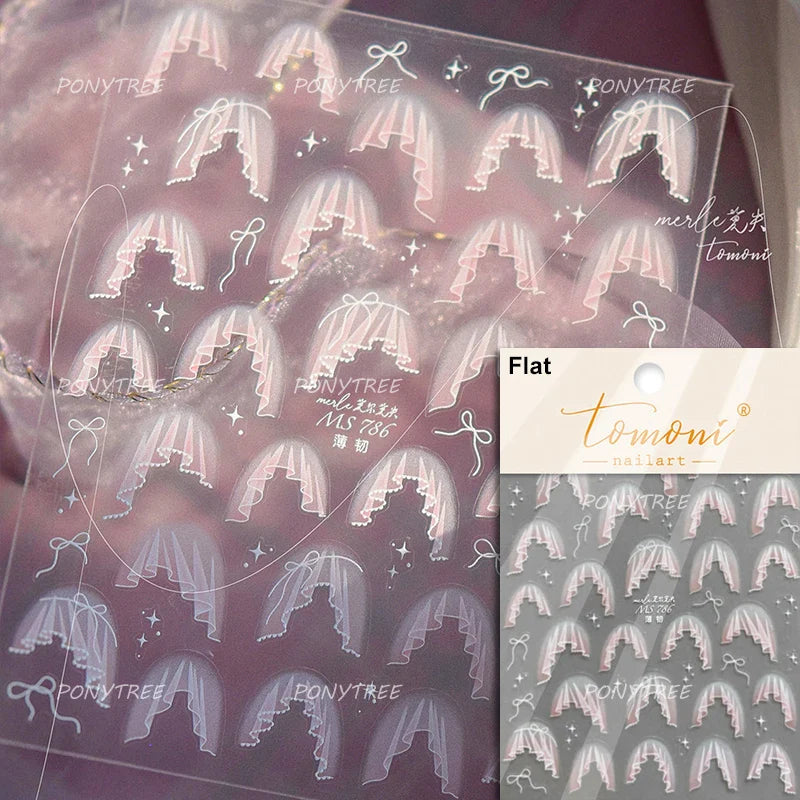 French Skirt Hem Halo Dyeing Purple Pink White Hemline Bowknot Wedding Veil Dreamy Star Adhesive Nail Art Sticker Manicure Decal (ONLINE ORDER ONLY)