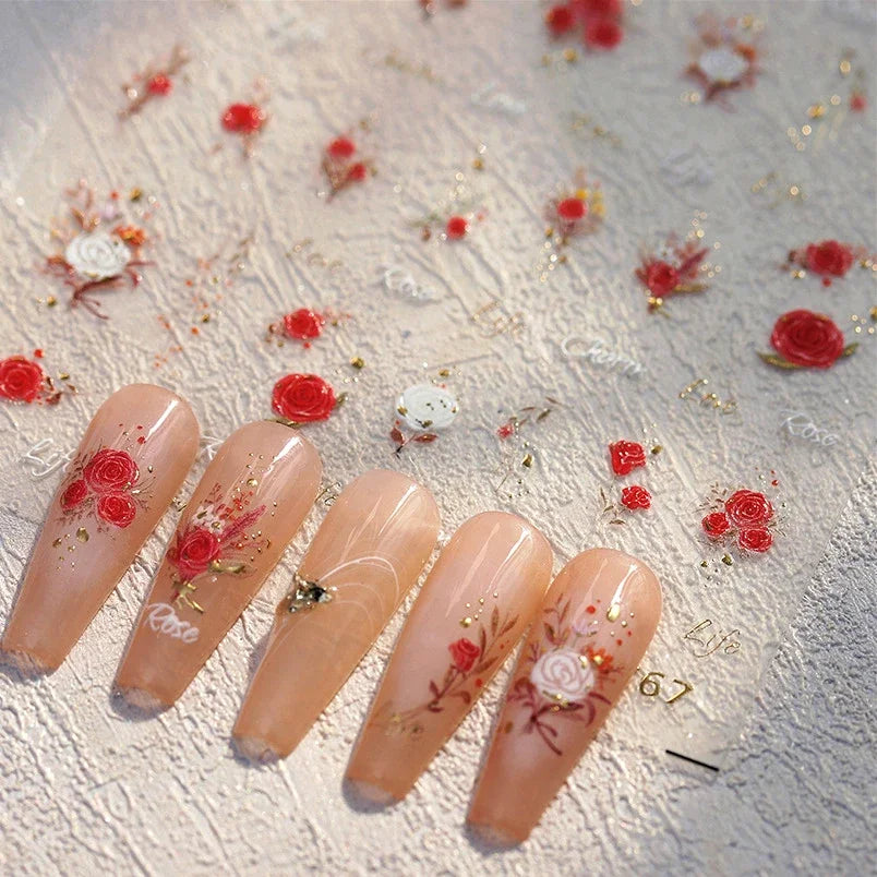 Chic Romantic Red White Flower Hot Stamping 5D Self Adhesive Nail Art Stickers Shiny Dreamy Camellia Rhinestone Manicure Decals (ONLINE ORDER ONLY)