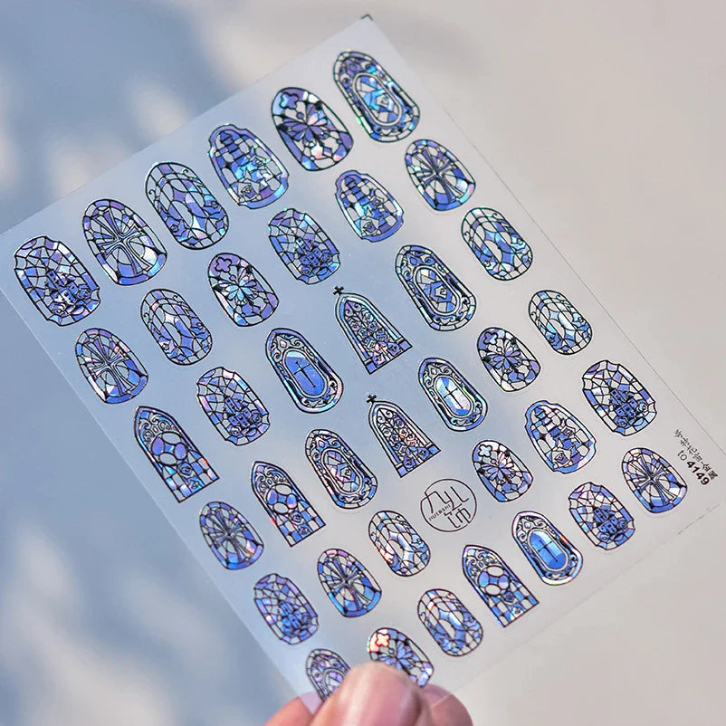Retro Shiny Glazed Rococo Flower Window Dreamy Butterfly Geometric Frame Stamp Embossed Reliefs Nail Art Stickers Manicure Decal (Online Order Only)