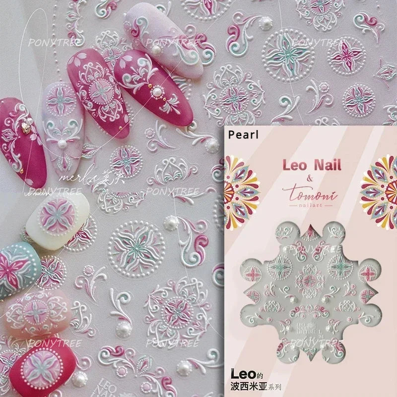 Pink Blue Yellow Embroidery Totems Geometric Floral Pattern Flower 5D Embossed Nail Art Stickers Bohemian Style Manicure Decals (ONLINE ORDER ONLY)