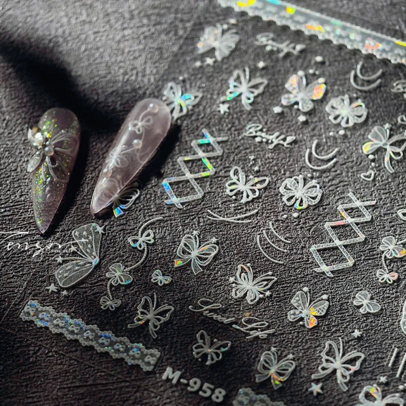 Shiny Butterfly Lace Line Bowknot Silk Ribbon Star Love Heart Fantasy Delicate Chic Adhesive Nail Art Stickers Manicure Decals (Online Order Only)