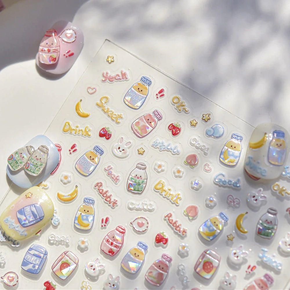 Cute Bowknot Rabbit Fruit Juice Beverage Drink Strawberry Peach Banana Adhesive Nail Art Decoration Stickers Manicure Decals (ONLINE ORDER ONLY)